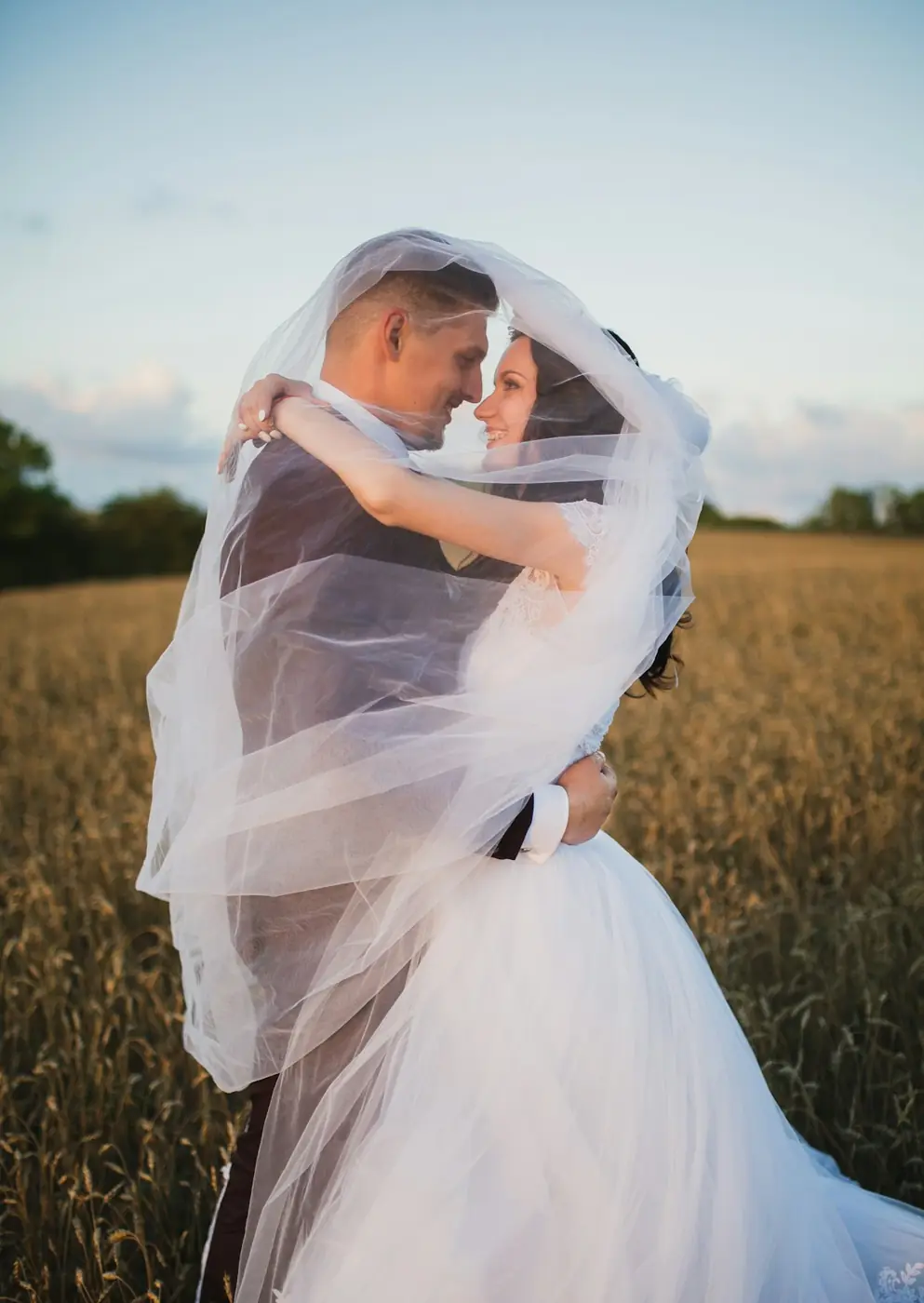 Groom lifting his bride in a wheat field, her veil wrapped around them